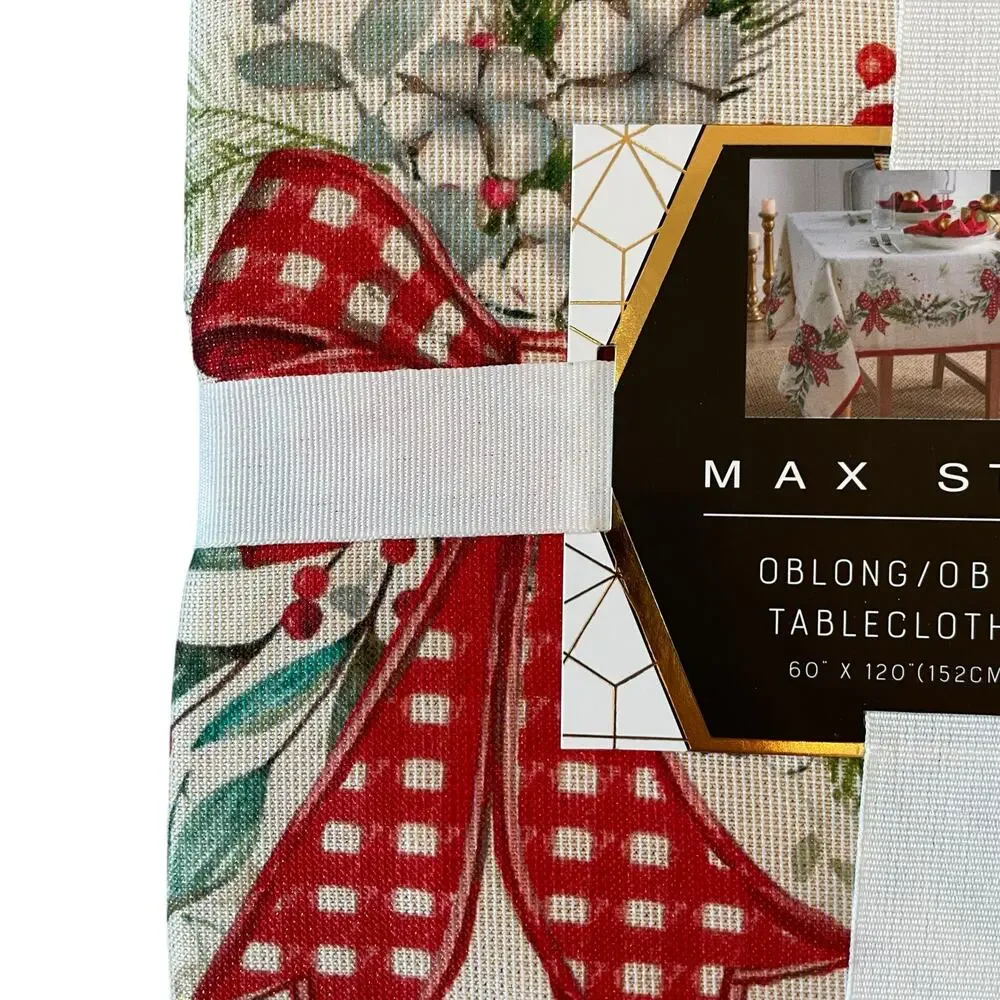 Max Studio Christmas Red Bows & Holly Holiday Tablecloth Oblong 60x120 New